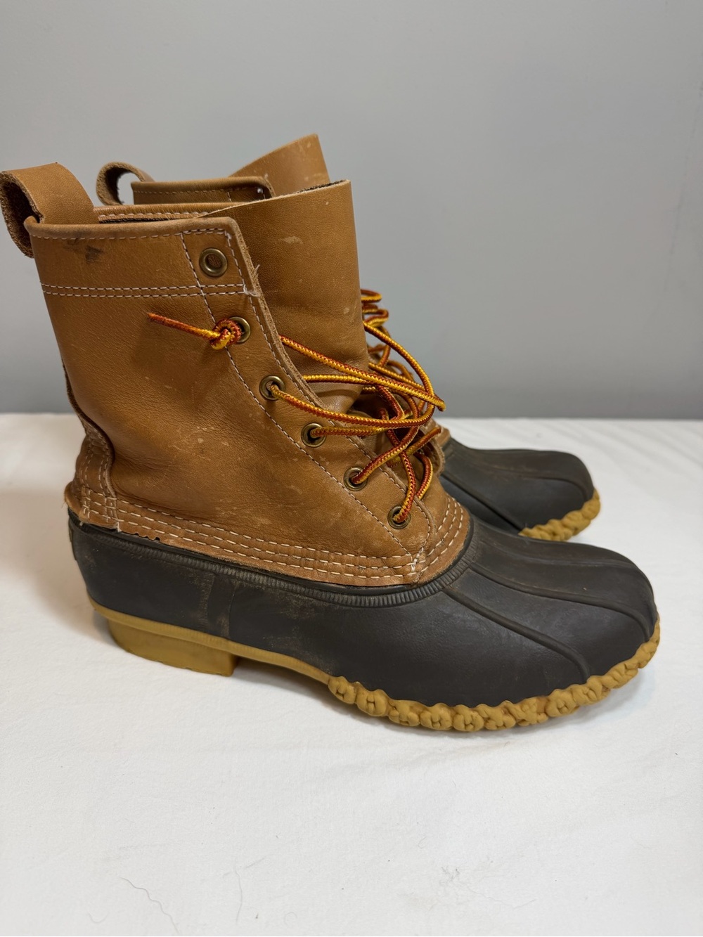 L.L. Bean duck boots brown leather with blue rubber foot lace up ladies 9 mens 7 - Picture 3 of 8